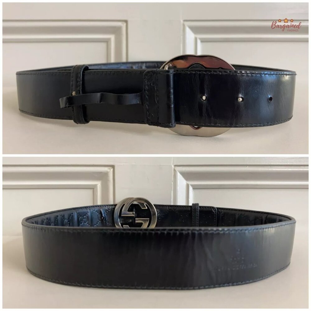 Authentic Gucci Black Monogram Guccissima Leather Silver Buckle Belt 85/34 - Picture 6 of 13